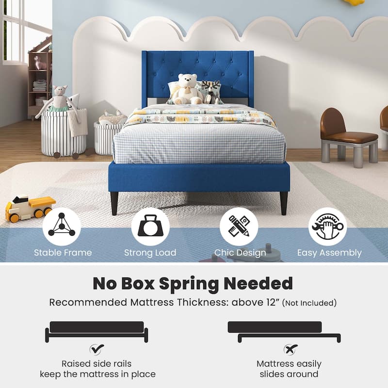 Costway Twin Size Upholstered Platform Bed with Button Tufted Wingback