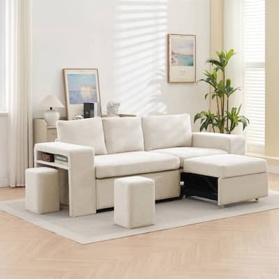 Multifunctional L-shaped Corduroy Pull-out Sofa Bed with 2 Extra Footstools