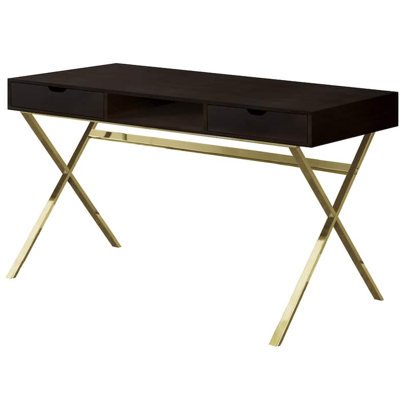 Dark Brown Wood Computer Desk with Gold Metal Base and 2 Drawers