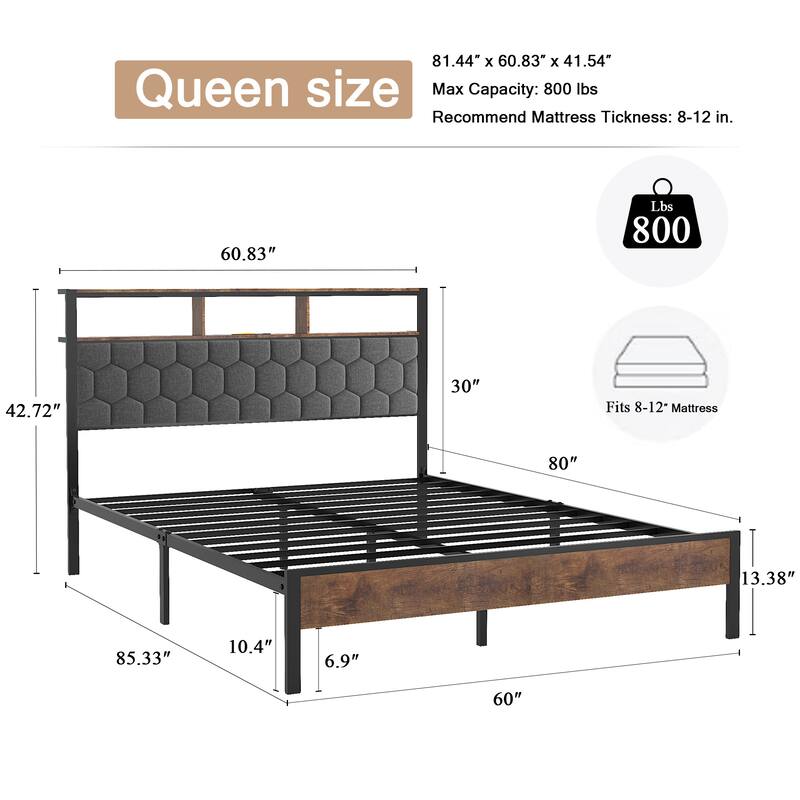 Roomfitters Wood Platform Bed Frame with Upholstered Headboard, Charging Station, No Box Spring Needed, Brown