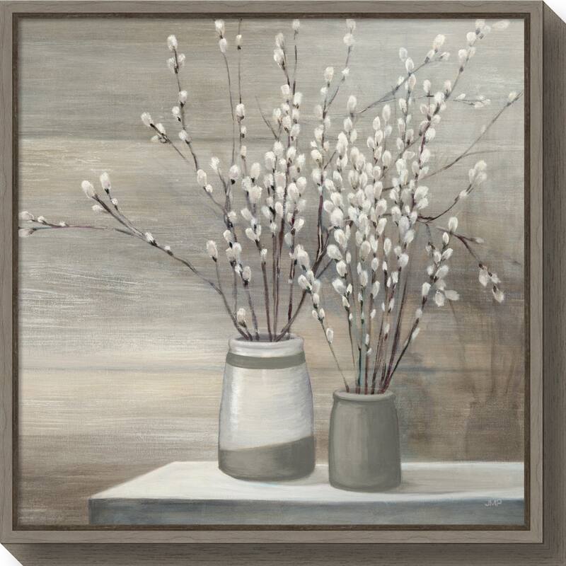 Canvas Art Framed 'Willow Still Life Gray Pots' by Julia Purinton - Black - 22 x 22 - Grey