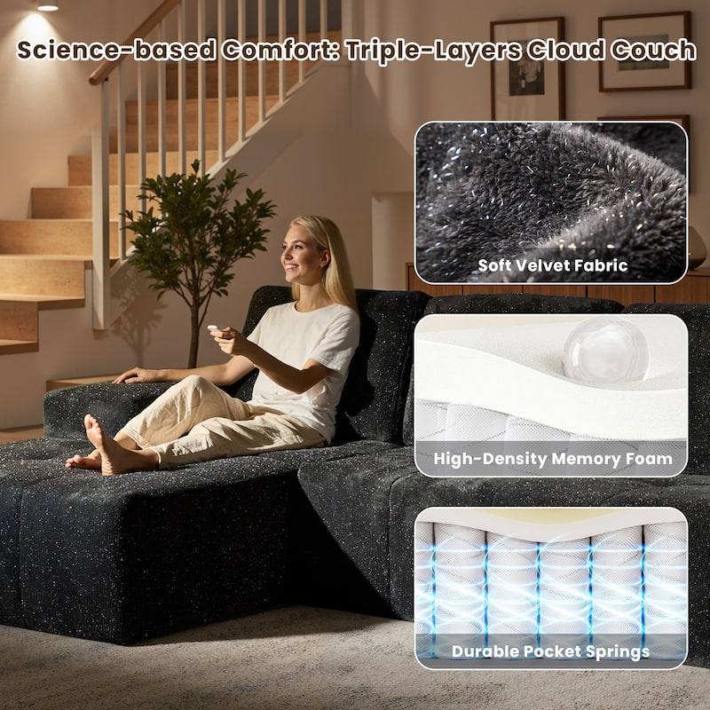 HOOOWOOO Modern Sparkly Velvet Fabric Chaise Sofa Couch