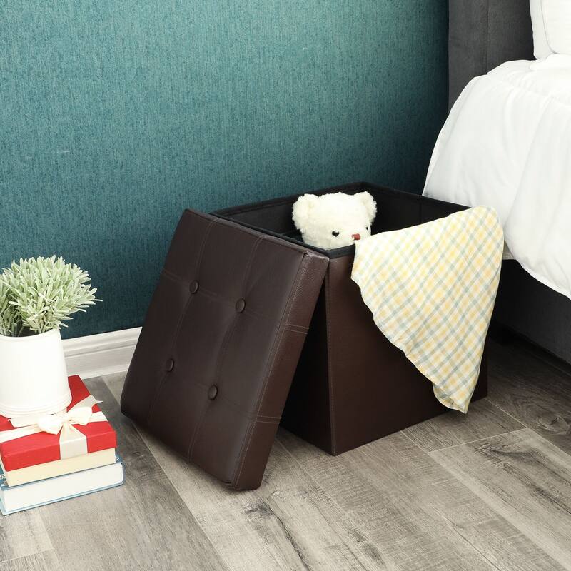 Faux Leather Folding Storage Ottoman Cube Foot Rest Stool Seat with Hole Handle - Brown