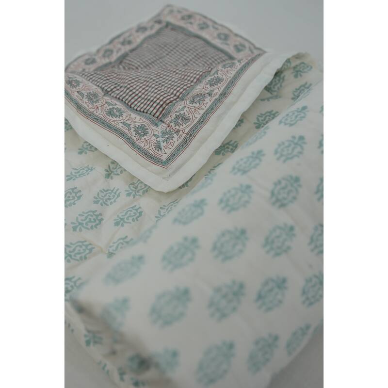 Fabdivine Hand Block Print Luxurious Cotton Quilt - Floral Patterned Umbrella, Reversible Artisan Bedspread for Bedroom Décor