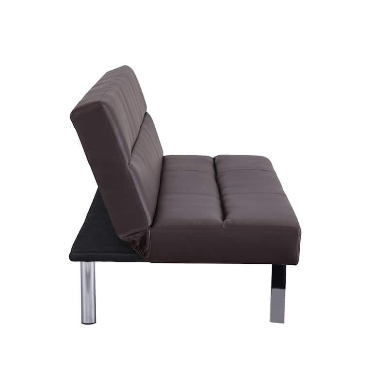 Modern Faux Leather Futon Sofa Bed - Convertible Folding Couch with Chrome Legs, Small Reclining Sofa