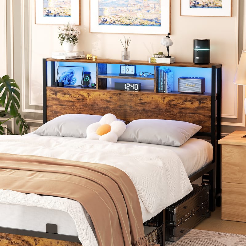 Headboard with Storage and Charge Station, Platform Bed Heaboard with LED Lights