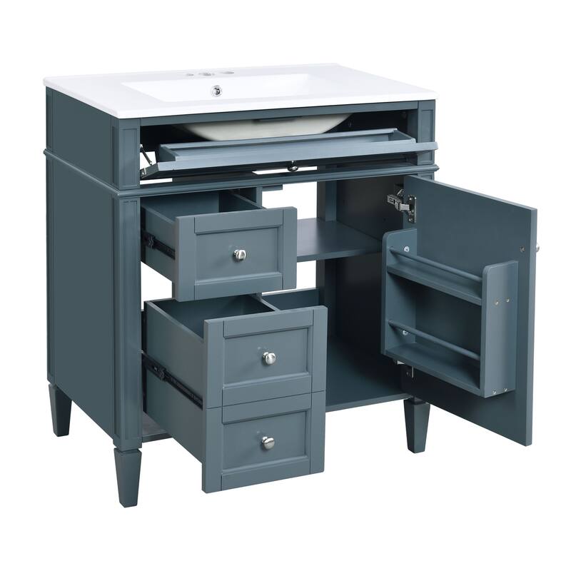 Modern 30" Bathroom Vanity with Ceramic Sink, 2 Drawers & Tip-Out Drawer for Bathroom Storage