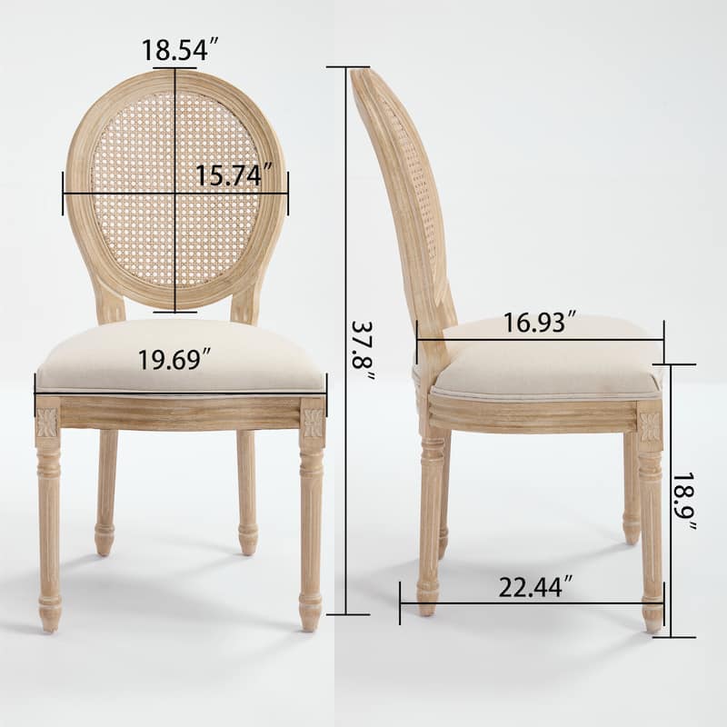 Set of 2 French Style Solid Wood Frame Linen Fabric Rattan Back Dining Chairs