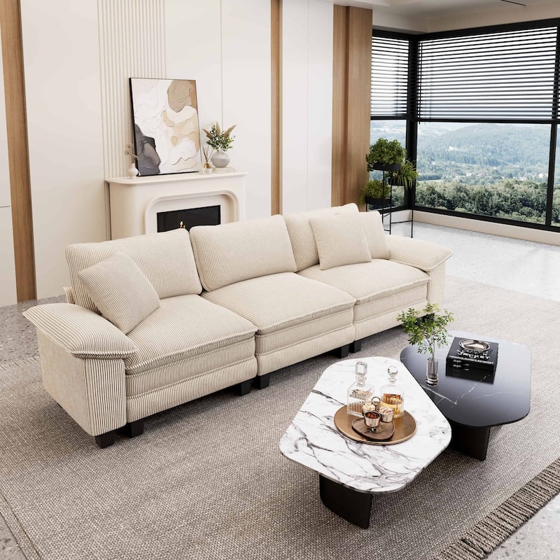MAISON ARTS Cloud Modular Deep Seat Sofa, Chenille or Corduroy Sectional Couch with Removable Arms, 1–4 Seater - Beige Corduroy(3 Pieces) - Symmetrical