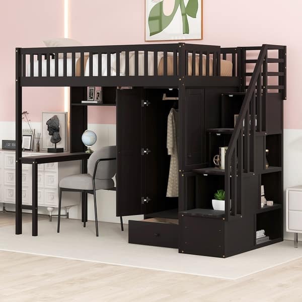 slide 2 of 9, Twin Loft Bed with Stairs, Storage, Bookshelf, Desk & Wardrobe Espresso