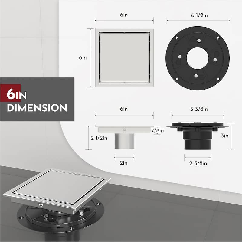4/6-Inch Square Shower Drain, Reversible Tile Insert