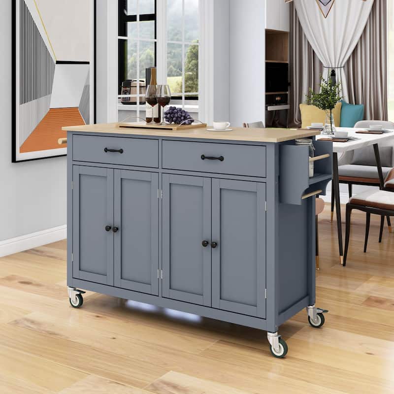 Roomfitters Kitchen Island Cart with Solid Wood Top - 4 Door Cabinet, Two Drawers, Adjustable Shelves, Spice & Towel Rack - Blue