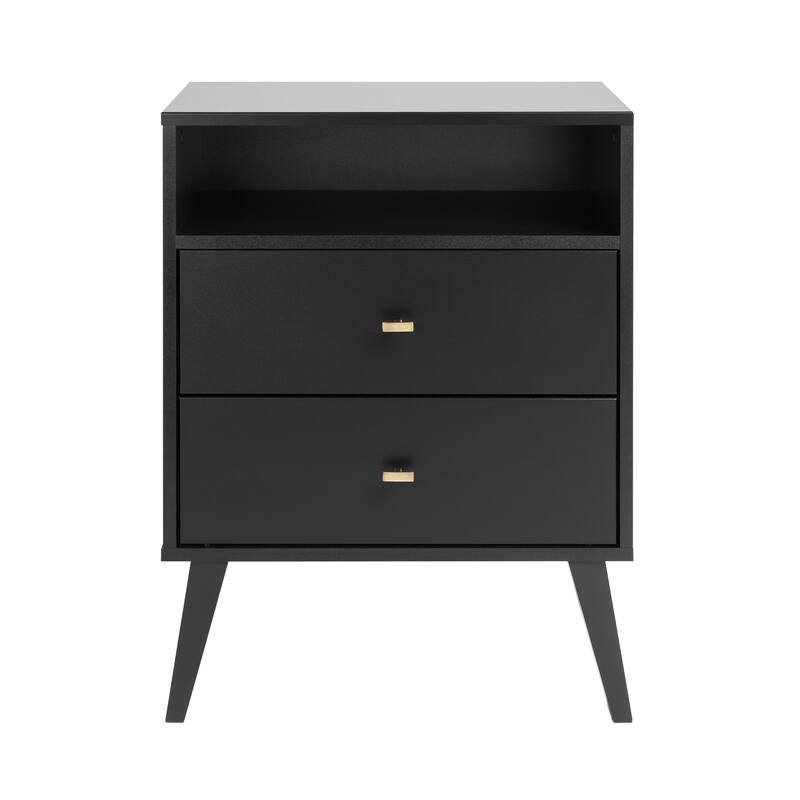 Prepac Milo Mid-Century Modern 2 Drawer Nightstand with Open Shelf, Bedside Table, Contemporary Bedroom Furniture