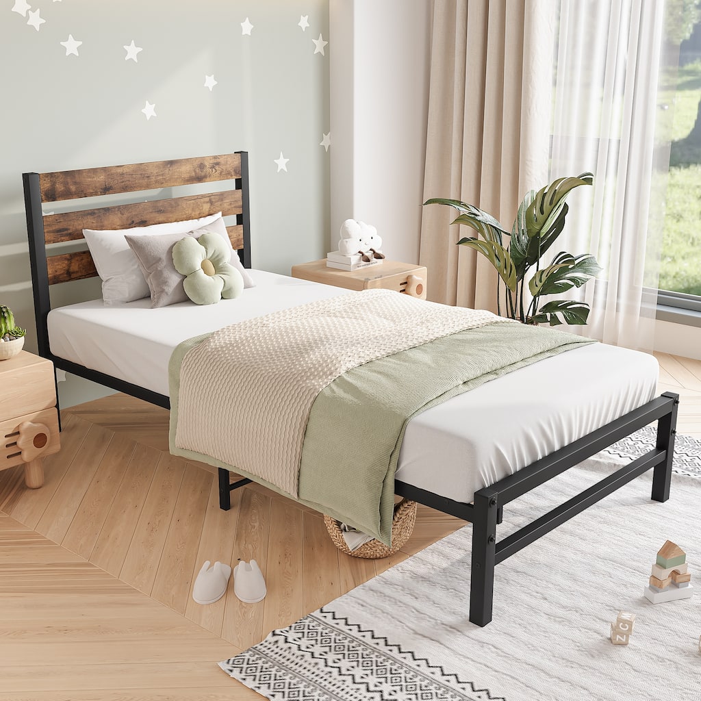 Rustic Brown Wood and Black Metal Twin Size Platform Bed