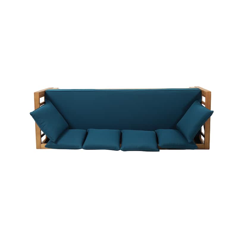 Outdoor 3-Seater Acacia Wood Sofa w/ Cushions, Extendable Patio Daybed