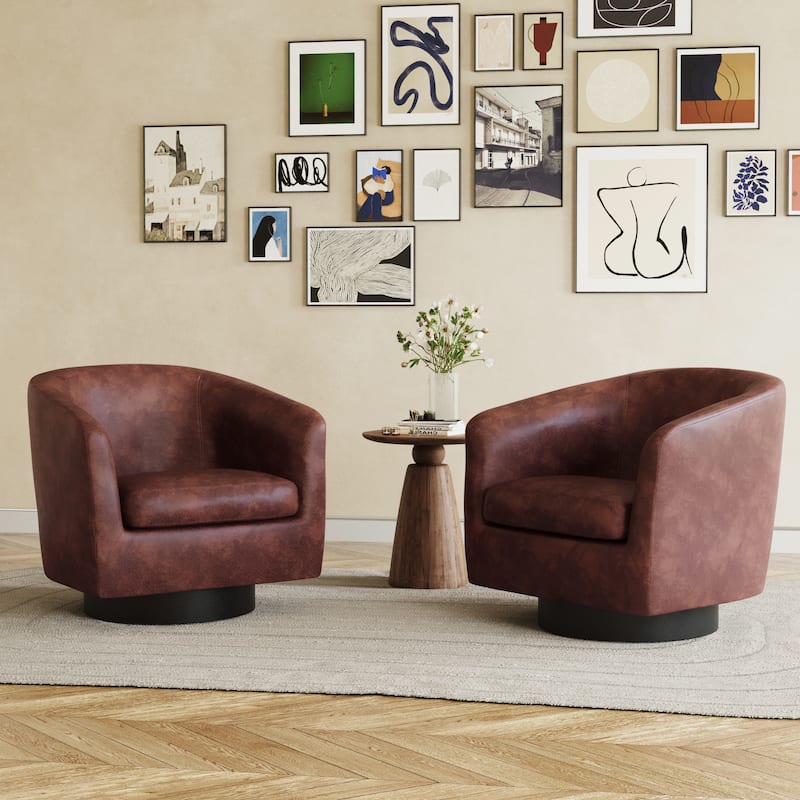 Faux Leather Accent Barrel Chair with Swivel Base - Set of 2 - Red Brown/Set