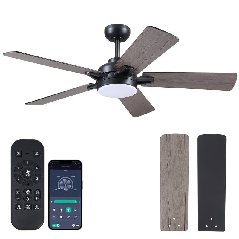 52" Indoor and Outdoor Ceiling Fan with Light Modern Ceiling Fan ,Remote and APP Conrol - 52 Inches - Black