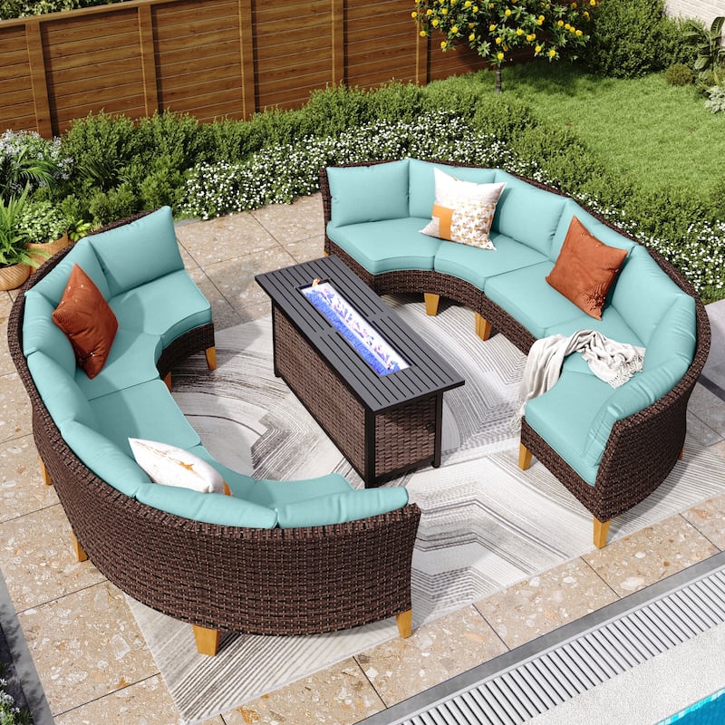 6-11 Piece Patio Outdoor Wicker Sectional Sofa Half-Moon Furniture Set Large Seating Conversation Sets with Fire Pit Table - 10 Seat-1 - Lake Blue