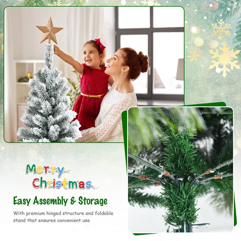 Gymax 5/6/7.5/8 ft Pre-lit Snow Flocked Artificial Christmas Tree w/