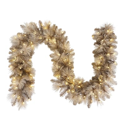Puleo International 9' x 10" Pre-Lit Tan Artificial Garland with 100 UL-Listed Incandescent Lights
