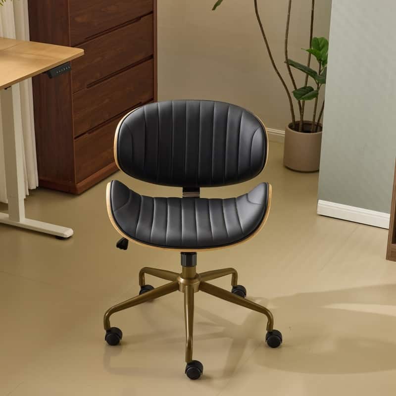PU Curved Office Chair With Antique Bronze Base - Black