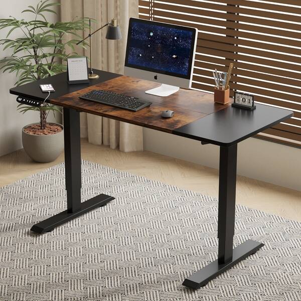slide 2 of 21, 55" Electric Standing Desk, Height Adjustable Home/Office Gaming Computer Table (Modern Luxury) Black+Brown
