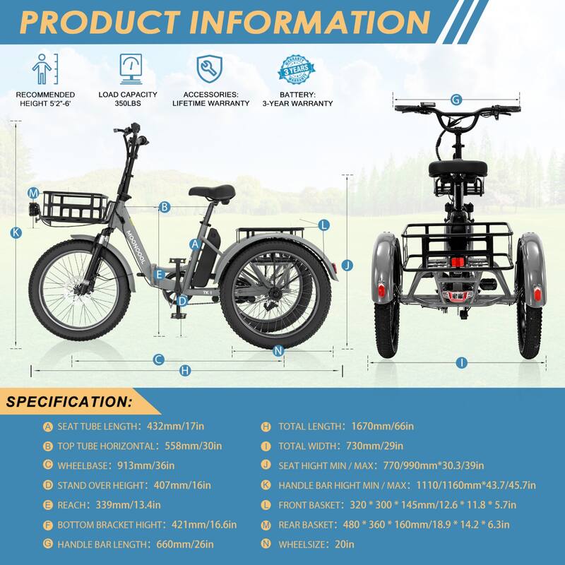 DoCred Electric Folding Tricycle for Adult with Front and Rear Baskets