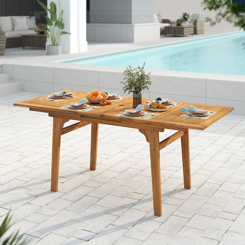 Natural Acacia Wood Extendable Patio Dining Table with Umbrella Hole - 55"/71" x 32" x 29.5" (L x W x H)