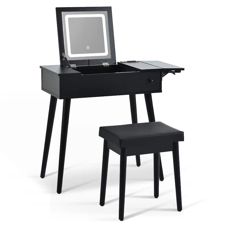 27.9''Makeup Vanity Desk With Flip Top Mirror And Led Light,Dressing Table With Charging Station,2 Drawers,With Cushioned Stool