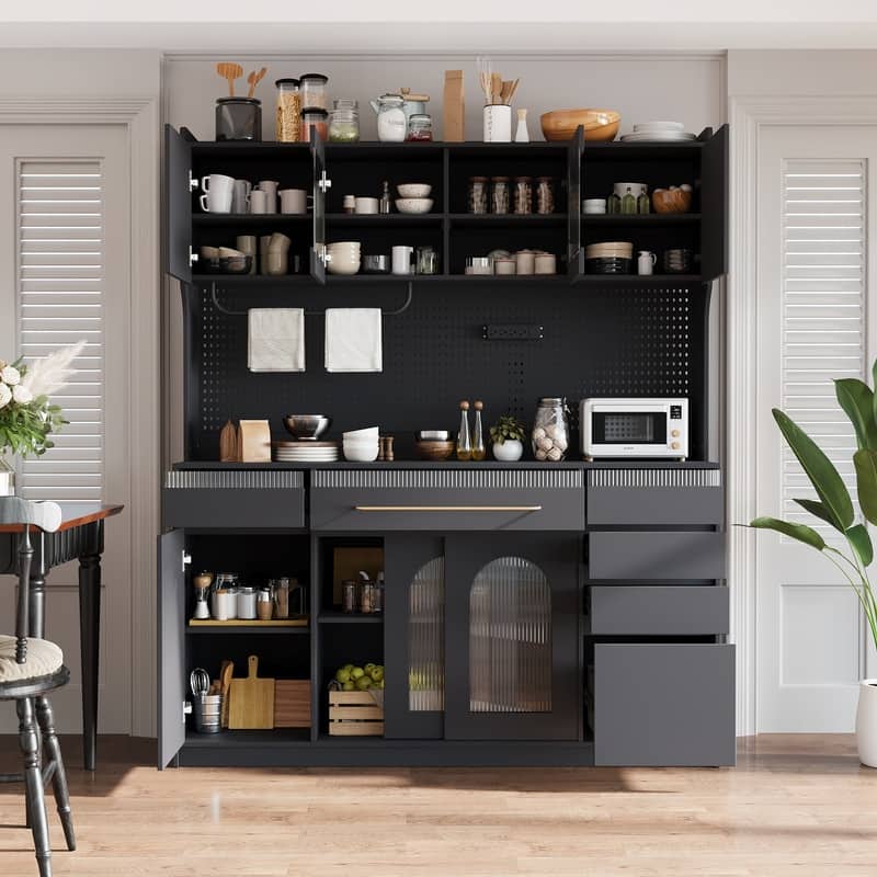 63" Buffet Hutch with Coffee Bar – 6 Drawers, 5 Adjustable Cabinets, Pegboard, Towel Rack & Power Outlet