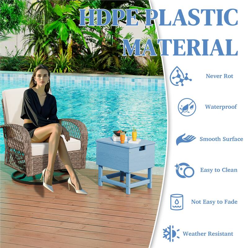 Outdoor Patio Weather Resistant HDPE Coffee & Side Table, Build-in Stainless Steel Cooler Bucket