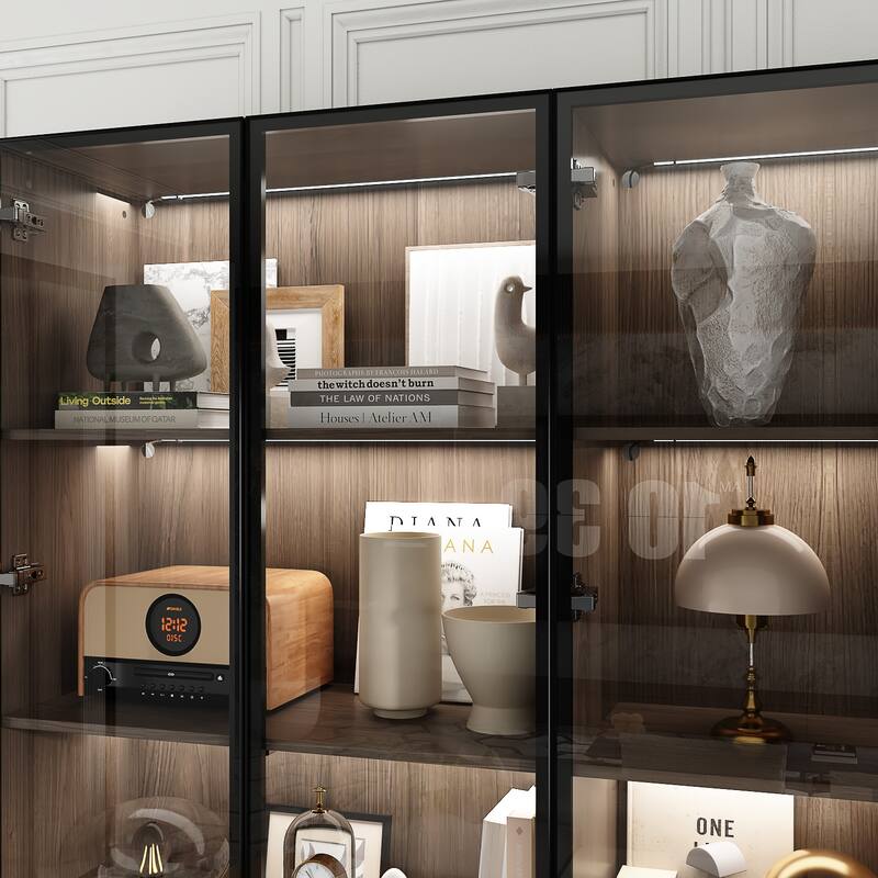 LED-Lit Wood Grain Cabinet - Configurable Storage for Home or Office