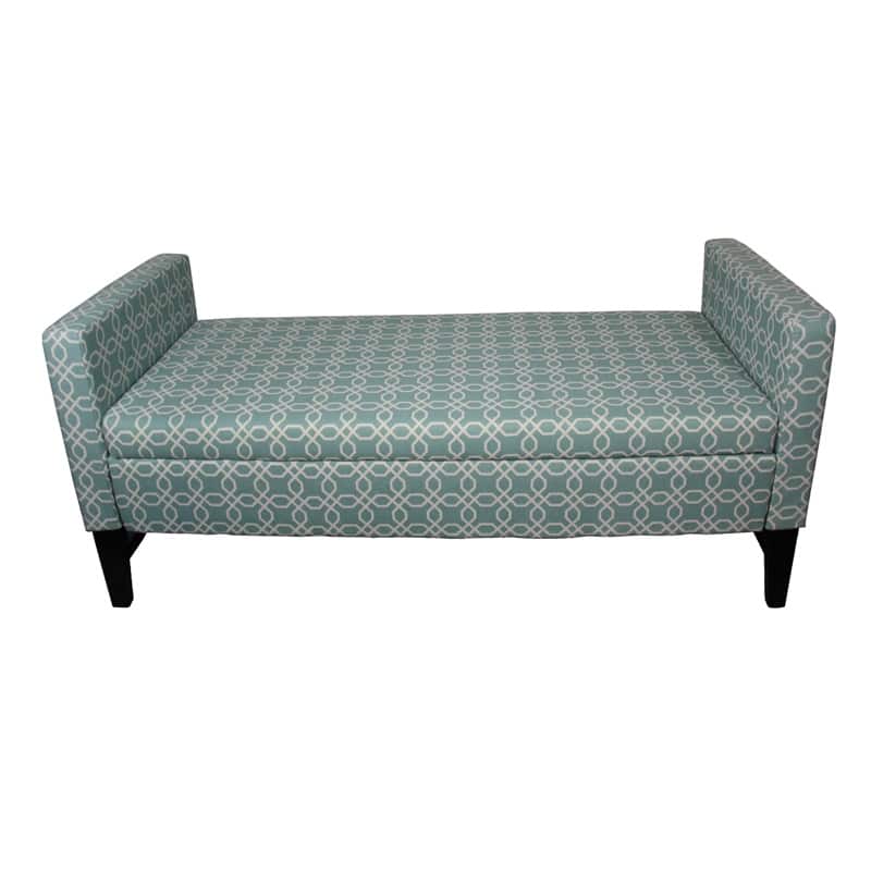 24 Inch Fabric Upholstered Geometric Pattern Storage Bench, Blue and White