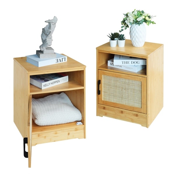 VEIKOUS 17.7 in. W Bamboo Nightstand with Rattan Doors and Storage