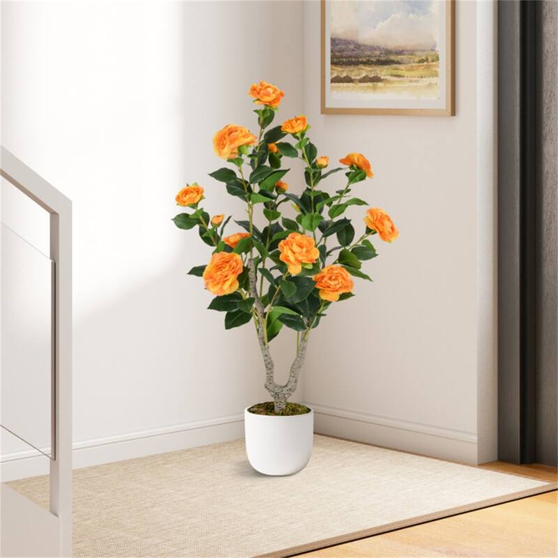 Set of 2 Artificial Camellia Trees 36 Inch Lifelike Indoor Decorative Plants with Cement Pots - 5" x 36"