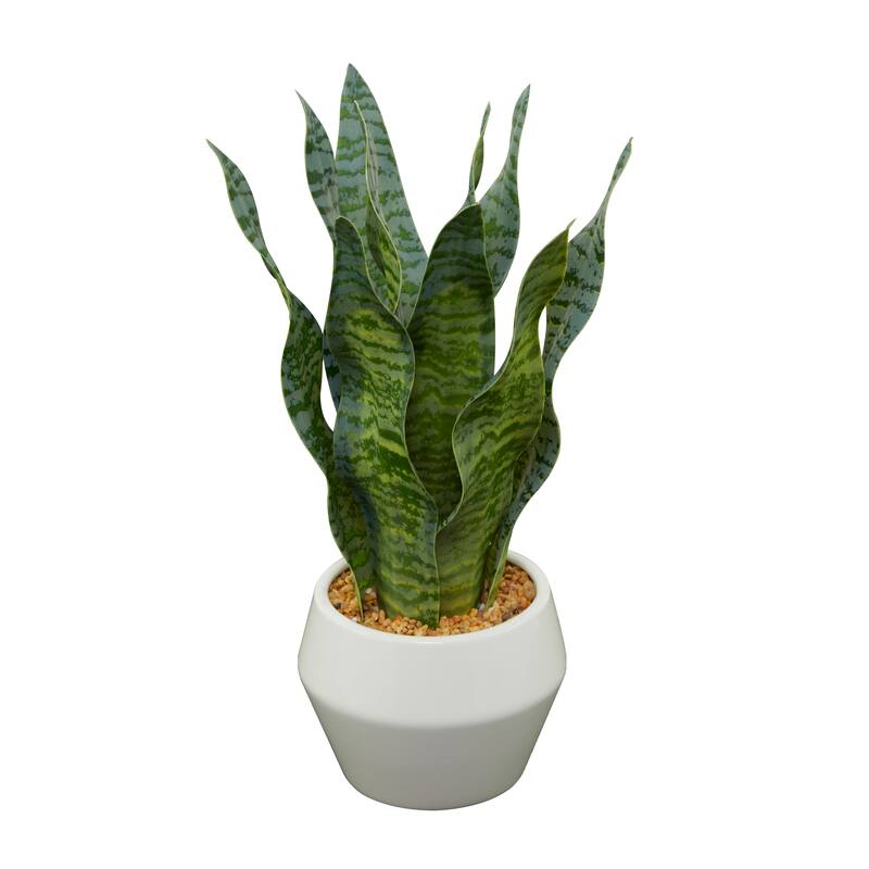 Green Faux Foliage Artificial Plant with Realistic Leaves and White Porcelain Pot and Gold Stand