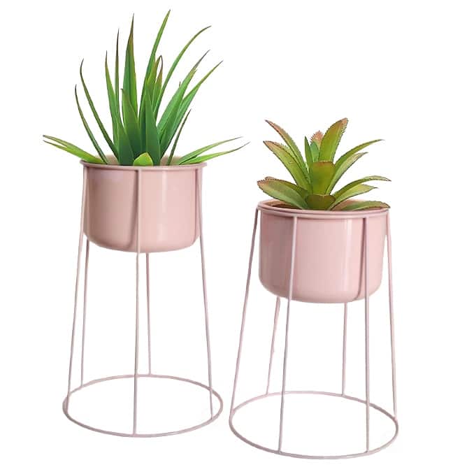 Set of 2 Decorative Contemporary Pink Metal Flower Planter