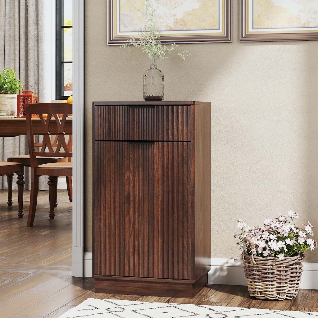 Tilt-Out Trash Can Cabinet with Wave-Textured Hideaway Drawer and Pull-Out Bin,Multipurpose Living Room