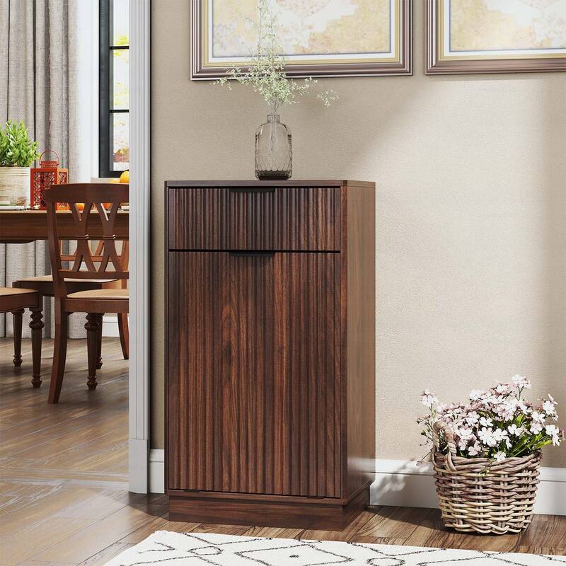 Tilt-Out Trash Can Cabinet with Wave-Textured Hideaway Drawer and Pull-Out Bin,Multipurpose Living Room
