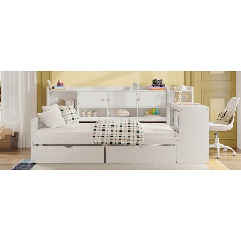 Roomfitters Wooden L-Shape Daybed with Storage Cabinets, Study Desk, Built-In Bookshelf, Space-Saving Platform Bed, White