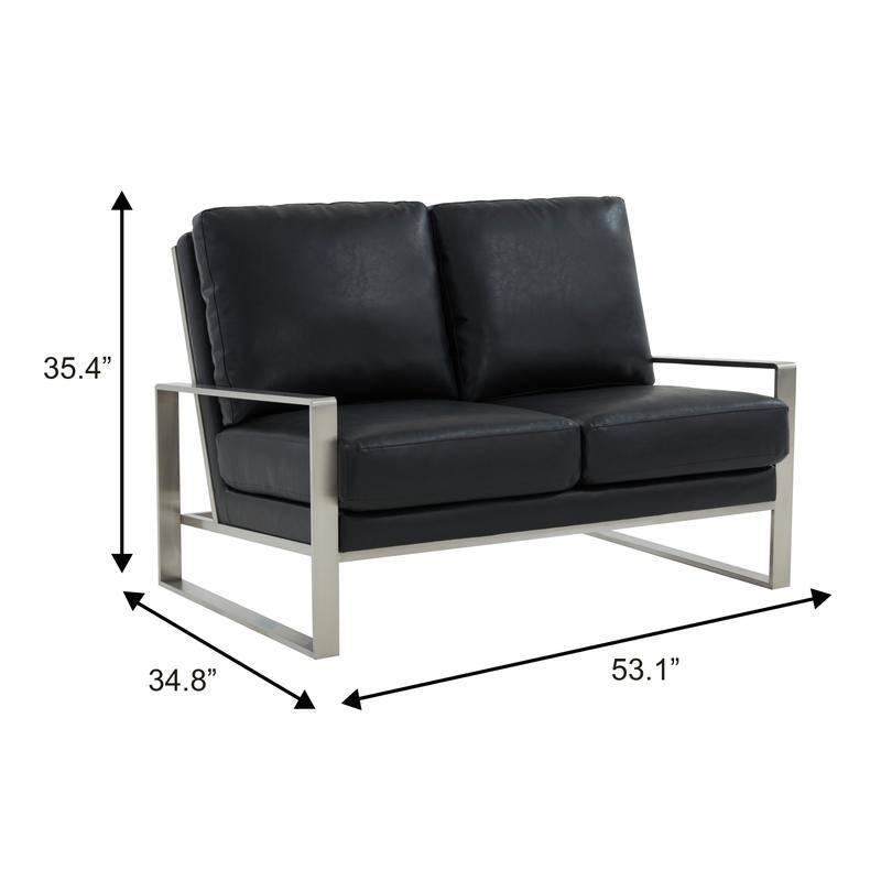 Jefferson Modern Leather Loveseat with Brushed Silver Stainless Steel Base, Removable Cushions, Sinuous Springs, Fully Assembled