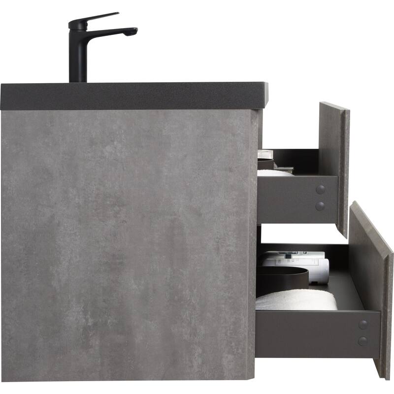 36" Wall-Mounted Floating Vanity with Premium Quartz Sand Basin, Grey Modern Storage Cabinet