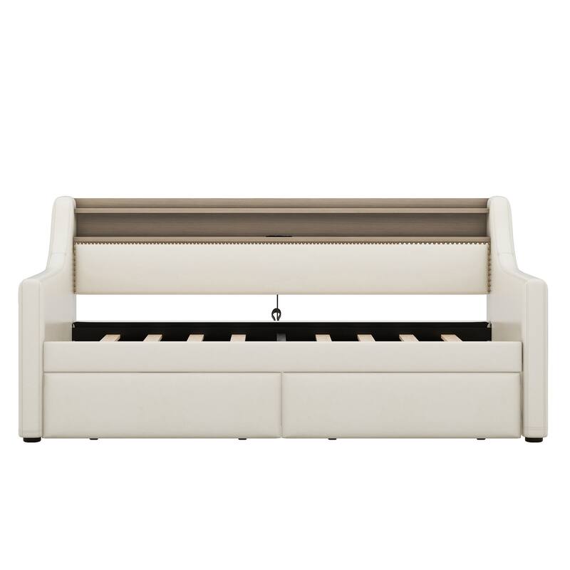 Twin Size Upholstered Daybed with Storage Drawers, Charging Station & LED Lights in Beige