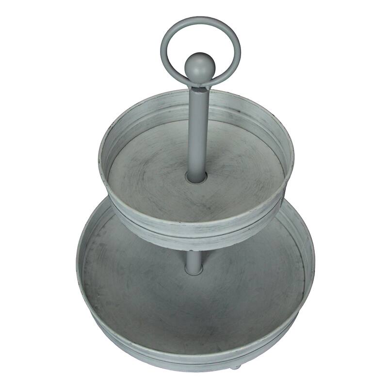 Zeckos Washed White Metal Round Two Tier Farmhouse Serving Tray - 16 X 12 X 12 inches