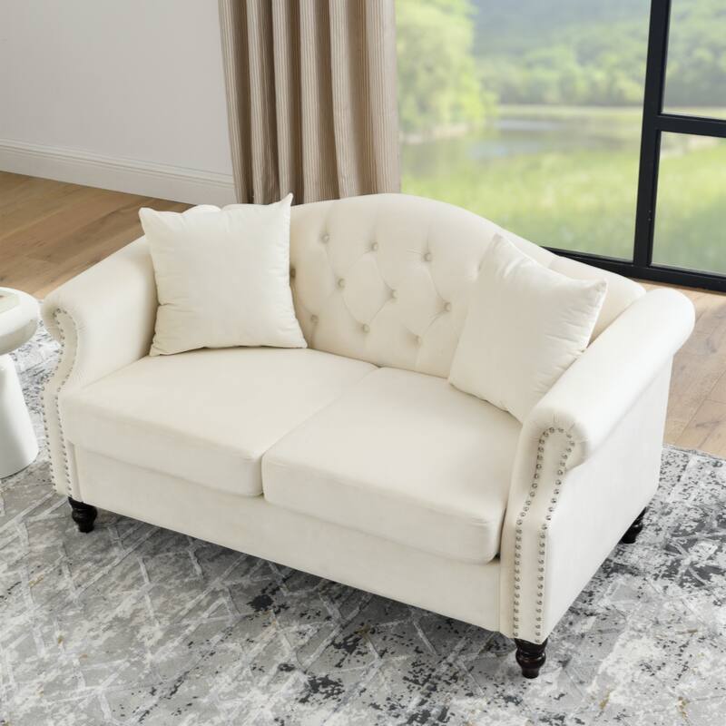 57" Chesterfield Sofa Grey Velvet for Living Room, 2 Seater Sofa Tufted Couch with Rolled Arms and Nailhead