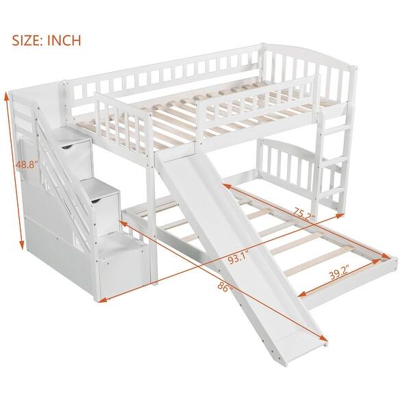 dimension image slide 1 of 2, Stairway Twin over Twin Bunk Bed with 2 Drawers & Slide, White