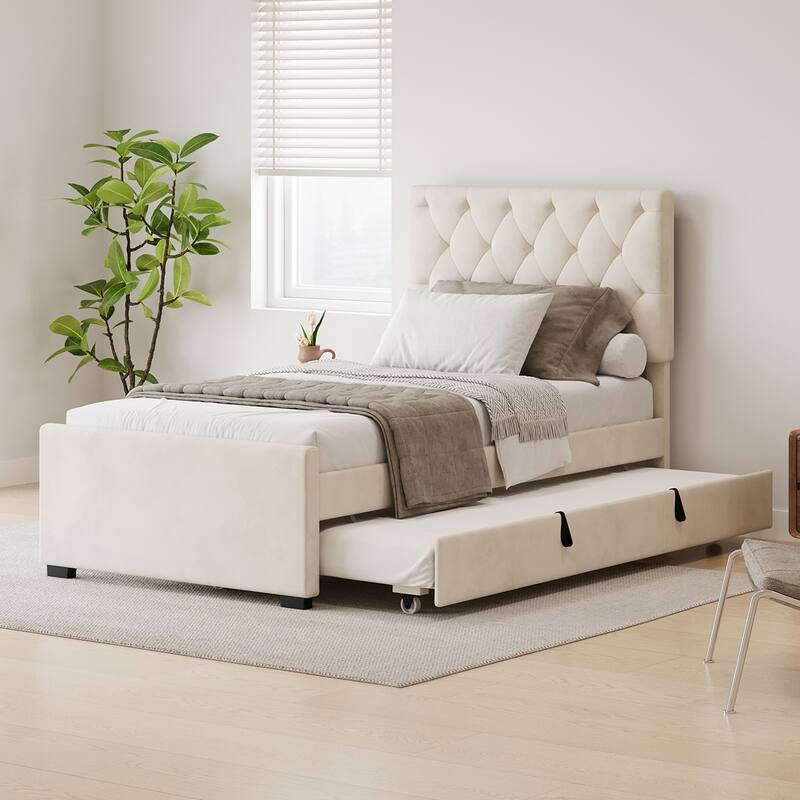 Twin Size Velvet Fabric Upholstered Platform Bed with Trundle Bed