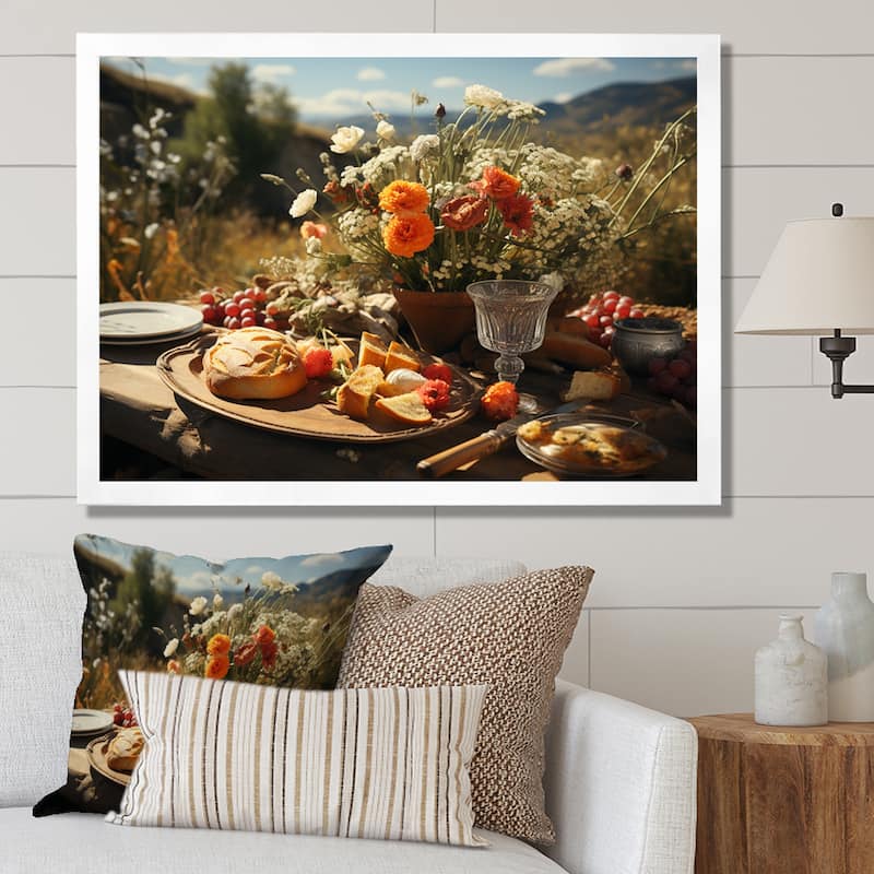 Designart "Rustic Banquet In France II" Meals & Picnics Framed Wall Art Living Room - 20 in. wide x 12 in. high - White