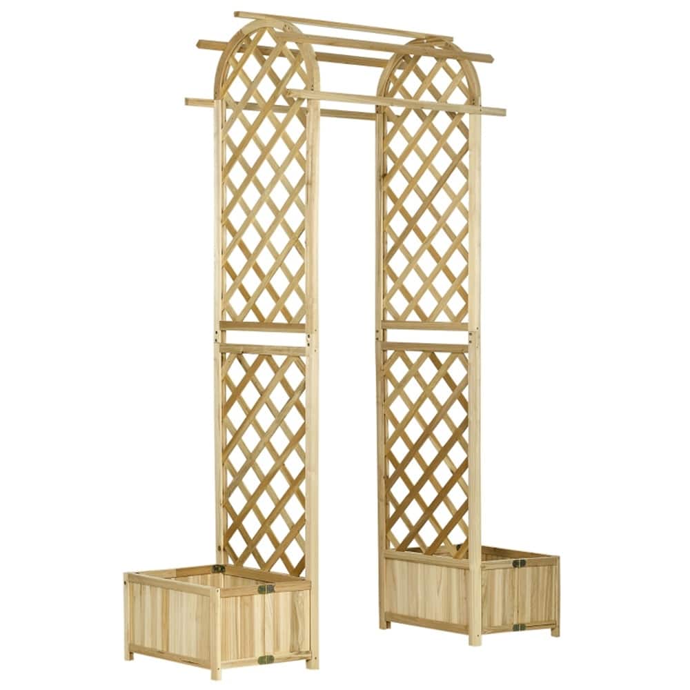 Natural Wooden Garden Arbor Trellis Arch with Planter Boxes for Weddings Photos and Decorations - 65.25" L x 21.25" W x 92.5" H