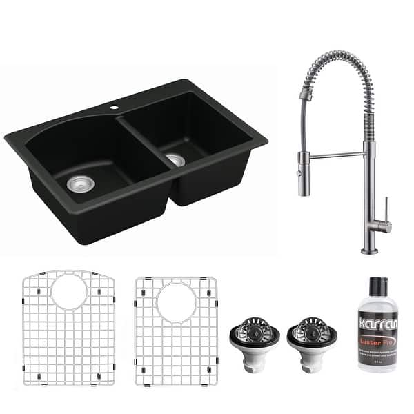 slide 2 of 11, Karran All in One Drop-In Quartz 33 in. Double Bowl 60/40 Kitchen Sink in Black with KKF220 Faucet in Stainless Steel